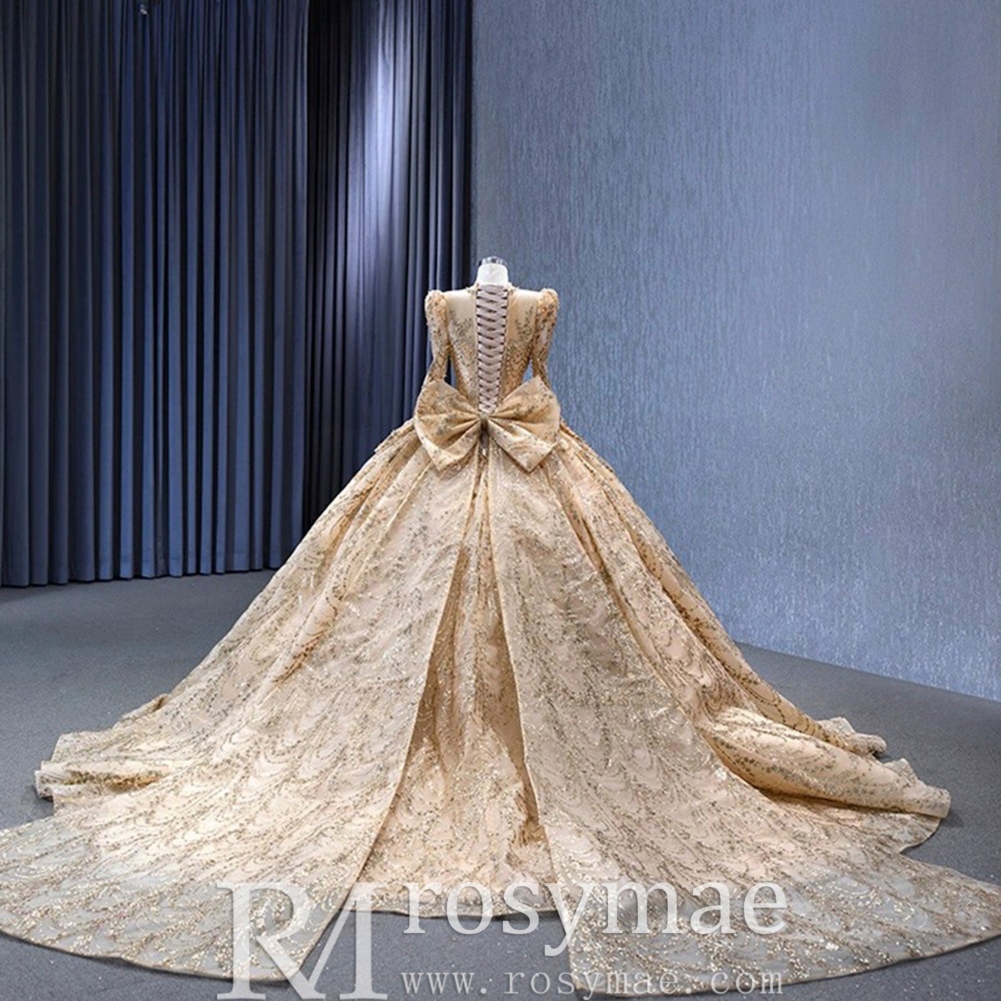 Luxury Long Sleeve Gold Ball Gown Puffy Skirt Big Wedding Dress with Bow Custom Color / 16 Luxury Long Sleeve Gold Ball Gown Puffy Skirt Big Wedding Dress with Bow Custom Color / 16