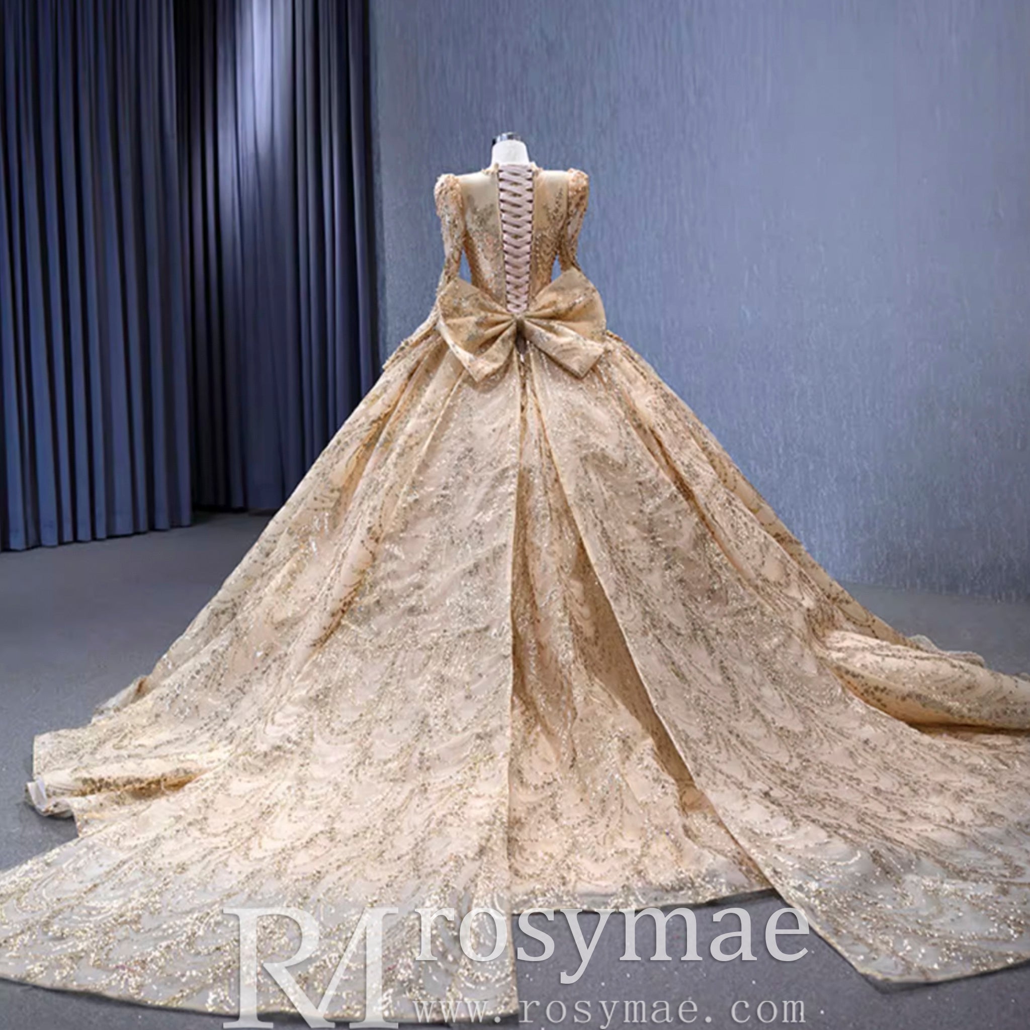 Luxury Long Sleeve Gold Ball Gown Puffy Skirt Big Wedding Dress with Bow Custom Color / 16 Luxury Long Sleeve Gold Ball Gown Puffy Skirt Big Wedding Dress with Bow Custom Color / 16