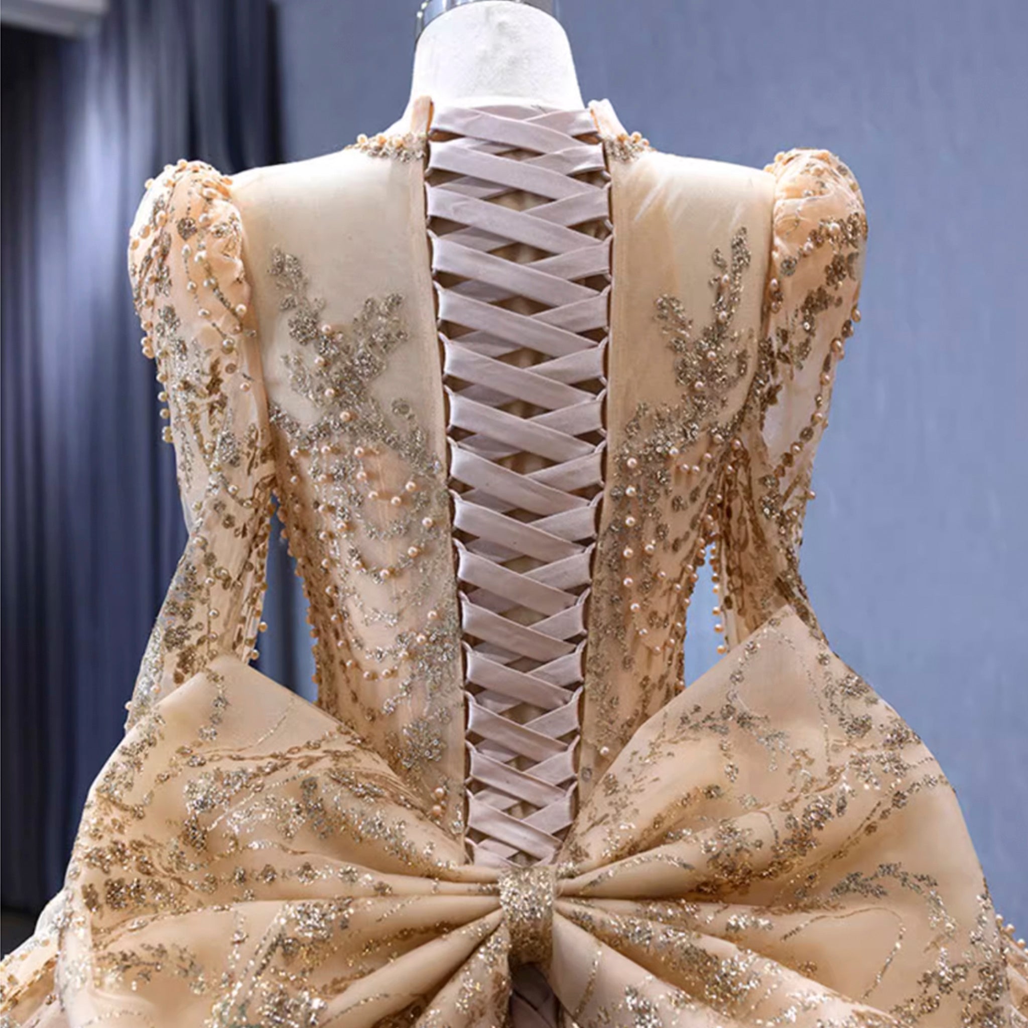 Luxury Long Sleeve Gold Ball Gown Puffy Skirt Big Wedding Dress with B Rosymae Luxury Long Sleeve Gold Ball Gown Puffy Skirt Big Wedding Dress with B Rosymae