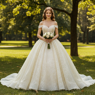 Champagne Off the Shoulder Ball Gown Wedding Dress