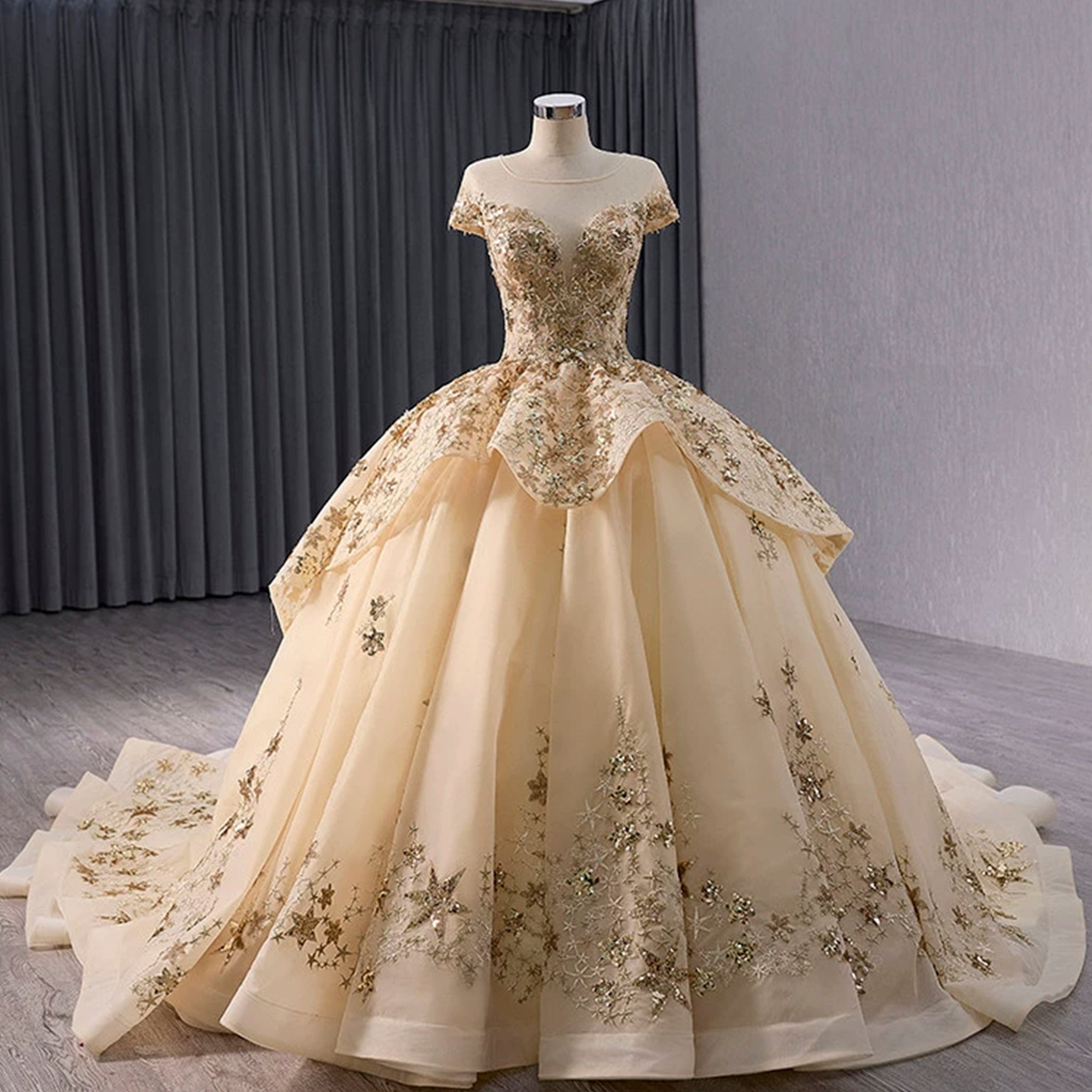 Gold Star Ruffle Wedding Dress with Cap Sleeve Quinceanera Gown Champagne / 8 Gold Star Ruffle Wedding Dress with Cap Sleeve Quinceanera Gown Champagne / 8