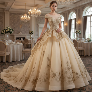 Gold Star Ruffle Wedding Dress with Cap Sleeve Quinceanera Gown