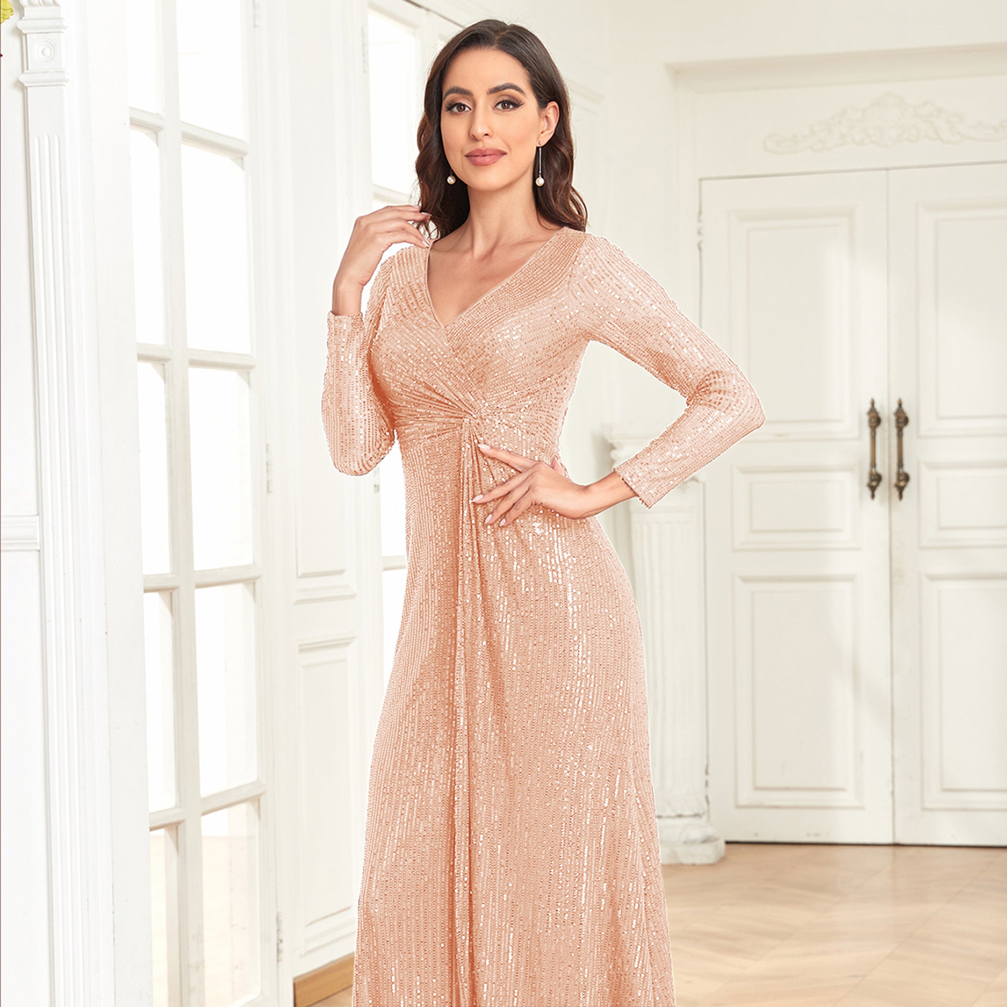 long sleeve v neck dress Long Sleeve V-Neck Fit Maxi Formal Gown Evening Dress For Women Wine Crimson / L