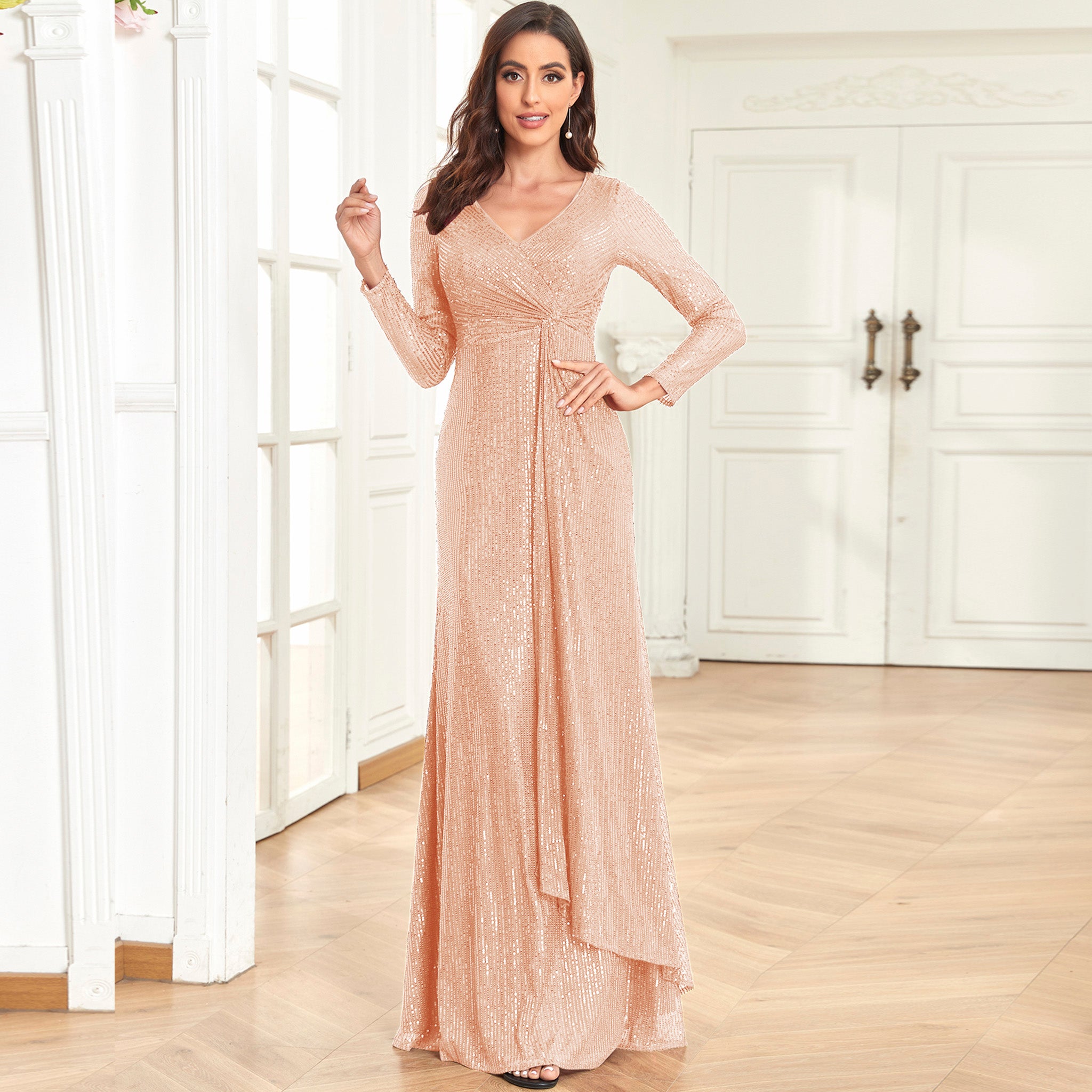 long formal maxi dresses Long Sleeve V-Neck Fit Maxi Formal Gown Evening Dress For Women Wine Crimson / L