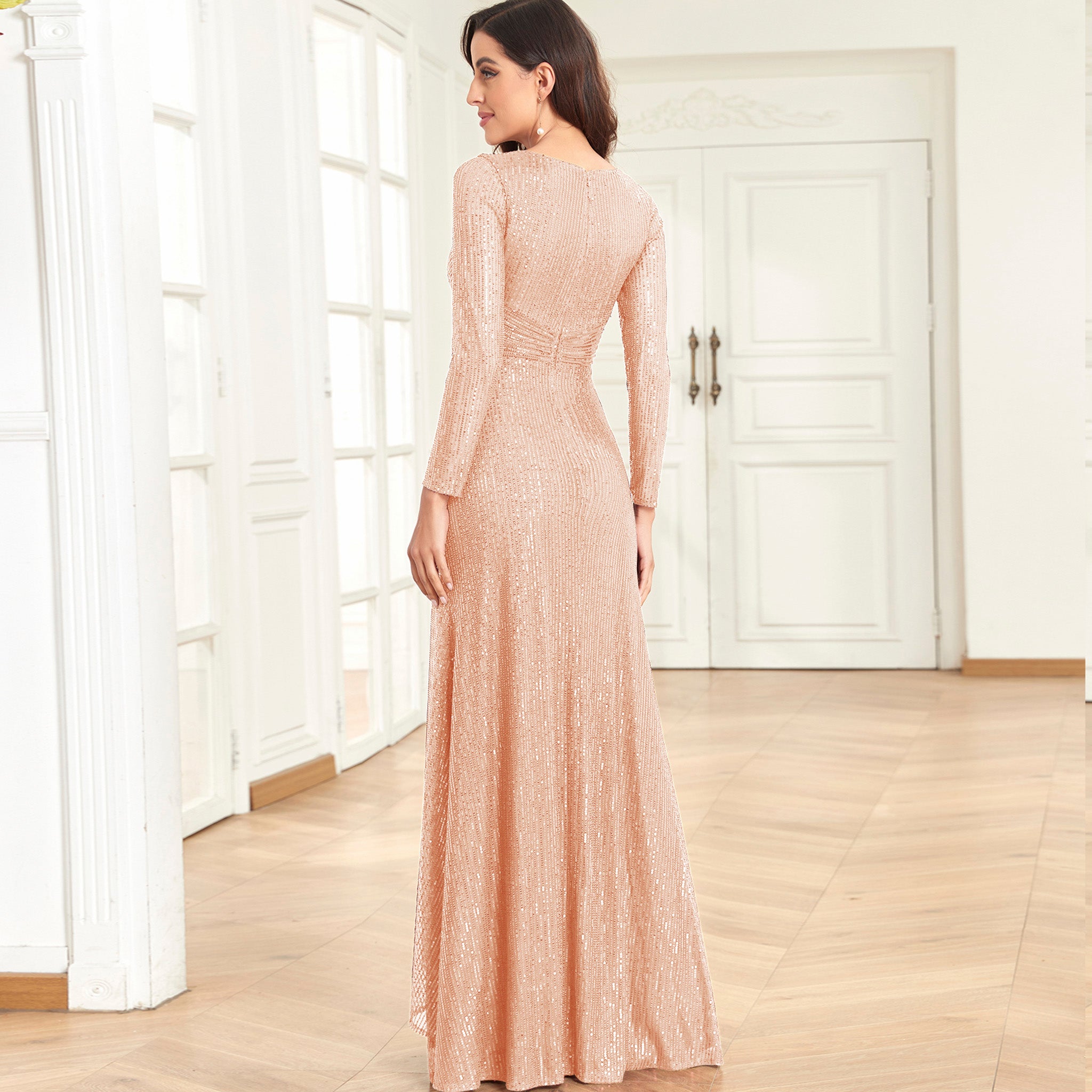 Long Sleeve V-Neck Fit Maxi Formal Gown Evening Dress for Women Wine Crimson / L Long Sleeve V-Neck Fit Maxi Formal Gown Evening Dress for Women Wine Crimson / L