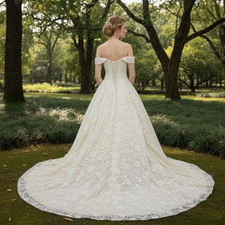 Champagne Lace off-the-shoulder Wedding Gown Bride Dress