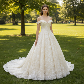 Champagne Lace off-the-shoulder Wedding Gown Bride Dress
