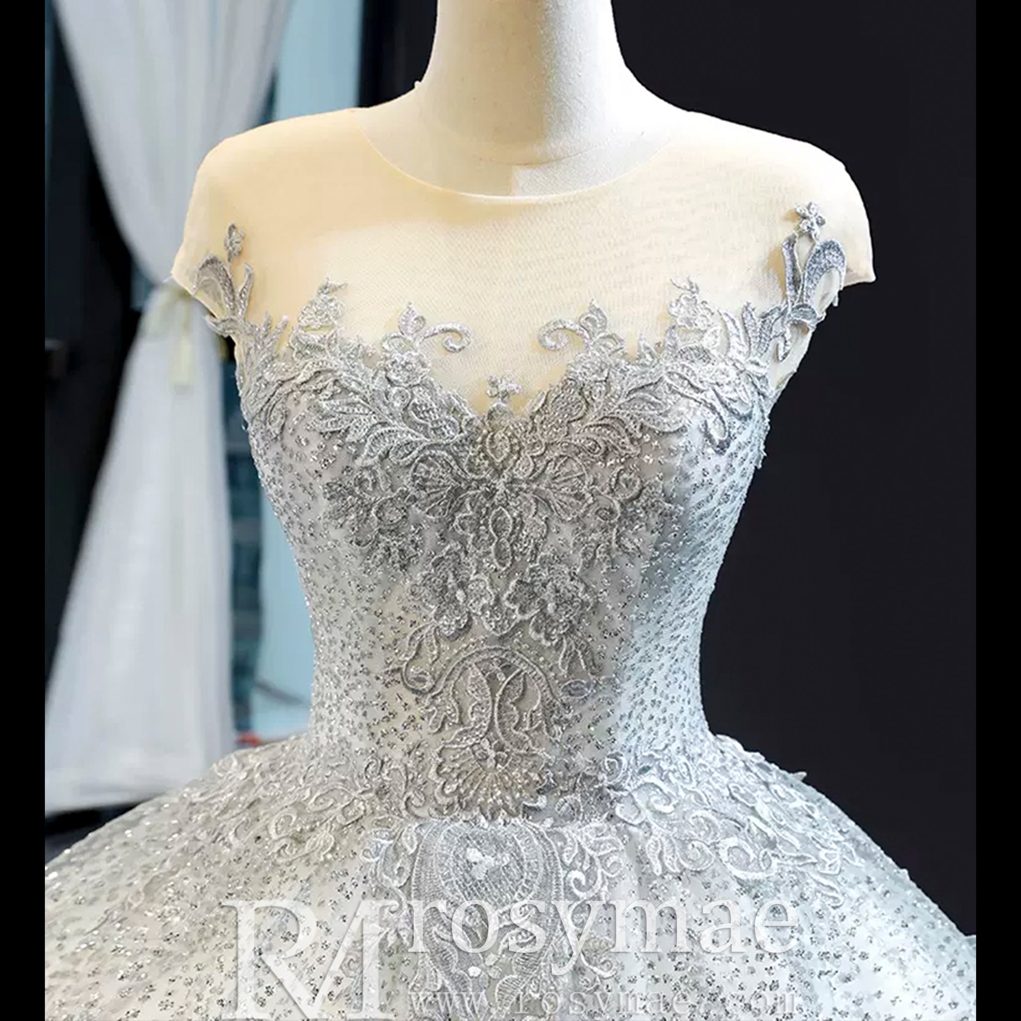Puffy Skirt Sparkly Empire Waist Wedding Dress with Cap Sleeve Light Gray / 16 Puffy Skirt Sparkly Empire Waist Wedding Dress with Cap Sleeve Light Gray / 16