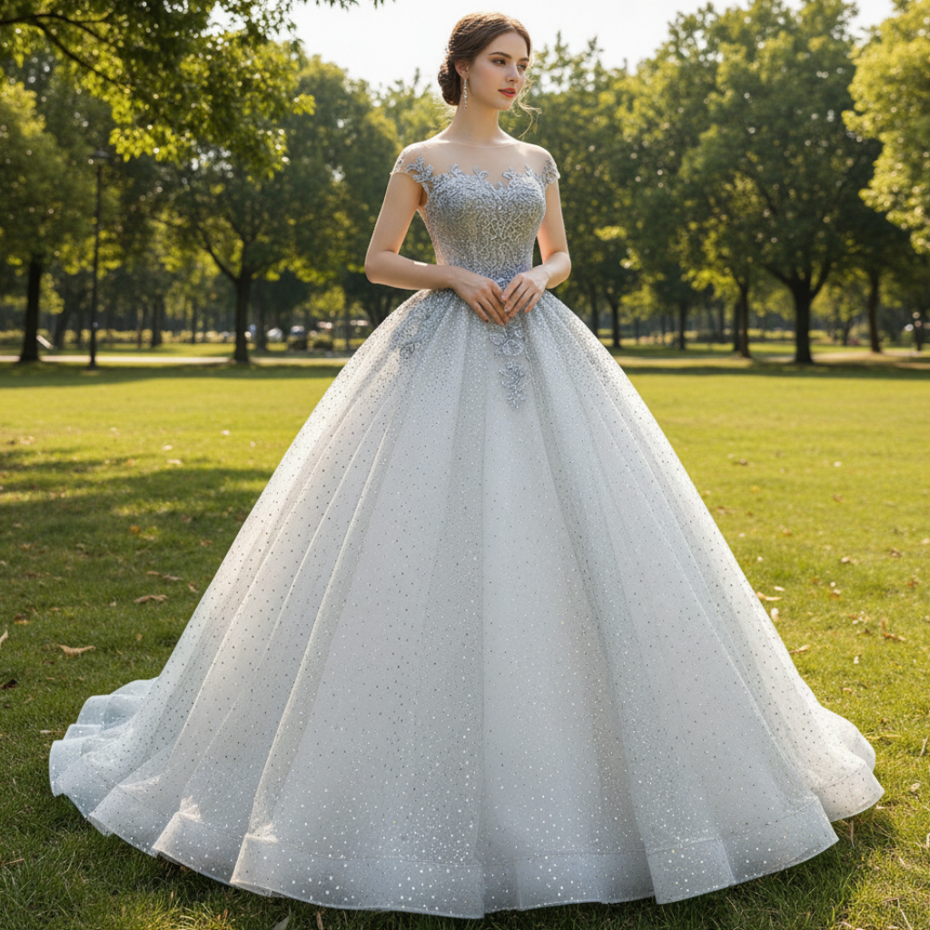 Puffy Skirt Sparkly Empire Waist Wedding Dress with Cap Sleeve Light Gray / 16 Puffy Skirt Sparkly Empire Waist Wedding Dress with Cap Sleeve Light Gray / 16