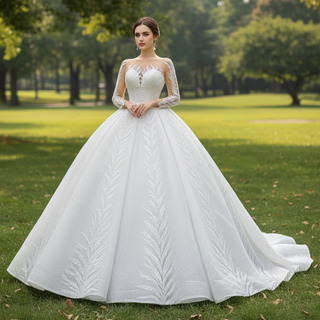 Long Sleeve Sparkly Lace Ball Gown Wedding Dress with High Back