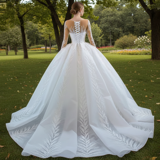 Long Sleeve Sparkly Lace Ball Gown Wedding Dress with High Back