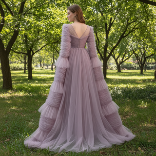 Ruffle Queen-ann Neckline Prom Dress Formal Gown with Cape Sleeve