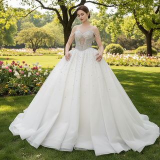 Sheer Square Collar Elegant Bridal Ball Gown Wedding Dress