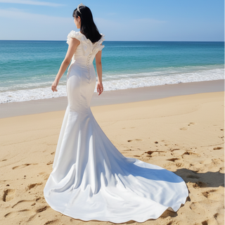 Classic Mermaid Satin Sheer Boat Neck Wedding Dress with Corset Back Rosymae Classic Mermaid Satin Sheer Boat Neck Wedding Dress with Corset Back Rosymae