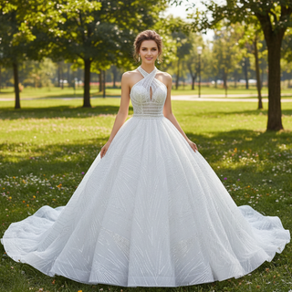 Handmade Puffy Ball Gown Sequins Wedding Dress with Detachable Skirt
