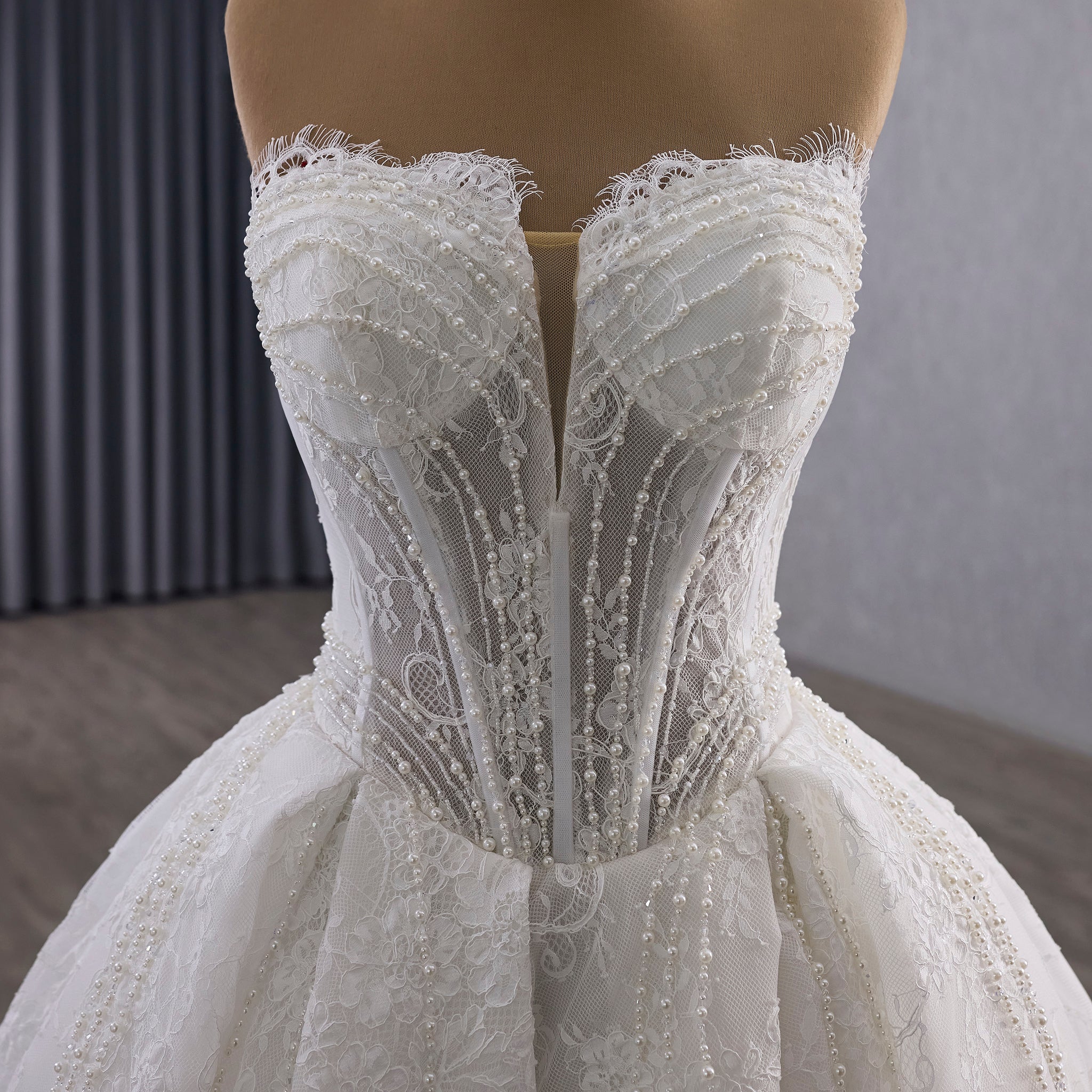 Slit Front Sweetheart Corset Bodice Wedding Dress with Crystal & Pearl Rosymae Slit Front Sweetheart Corset Bodice Wedding Dress with Crystal & Pearl Rosymae