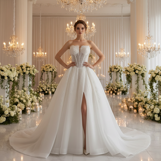 Slit Front Sweetheart Corset Bodice Wedding Dress with Crystal & Pearl