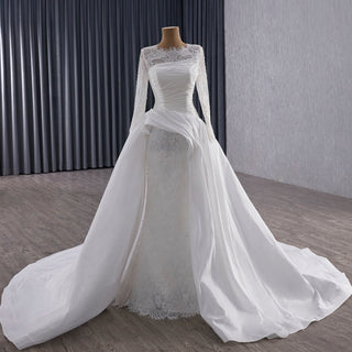 High Neck Long-Sleeve Mermaid Wedding Dress with Voluminous Overskirt
