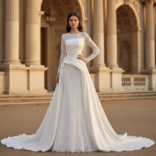 High Neck Long-Sleeve Mermaid Wedding Dress with Voluminous Overskirt