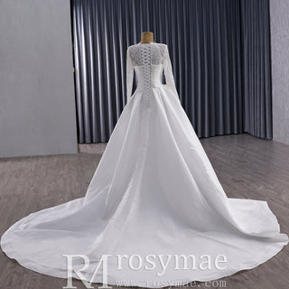 High Neck Long-Sleeve Mermaid Wedding Dress with Voluminous Overskirt
