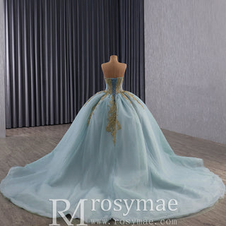 Strapless Ball Gown Overskirt Dress with Royal Train and Delicate Beadwork