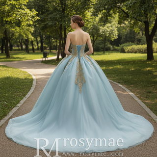 Strapless Ball Gown Overskirt Dress with Royal Train and Delicate Beadwork