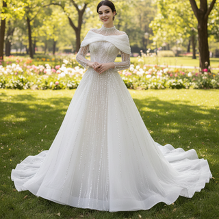 Muslim Style High Neck Sparkly Wedding Dress with Detachable Jacket