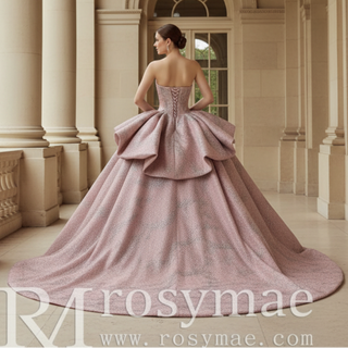 Sparkly Blush Pink Quinceañera Dress with Off-Shoulder & Tiered Ruffle Skirt