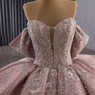 Sparkly Blush Pink Quinceañera Dress with Off-Shoulder & Tiered Ruffle Skirt