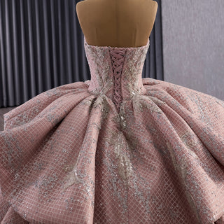 Sparkly Blush Pink Quinceañera Dress with Off-Shoulder & Tiered Ruffle Skirt