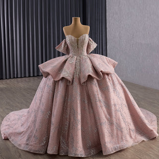 Sparkly Blush Pink Quinceañera Dress with Off-Shoulder & Tiered Ruffle Skirt