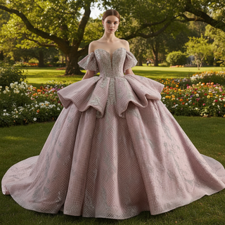 Sparkly Blush Pink Quinceañera Dress with Off-Shoulder & Tiered Ruffle Skirt
