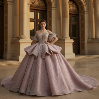 Sparkly Blush Pink Quinceañera Dress with Off-Shoulder & Tiered Ruffle Skirt