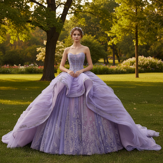 Lilac Ball Gown Sweetheart Tiered Ruffled Tulle Skirt Quinceañera Dress