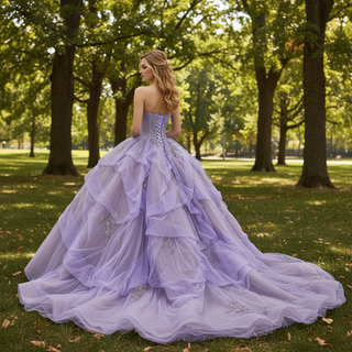 Lilac Ball Gown Sweetheart Tiered Ruffled Tulle Skirt Quinceañera Dress