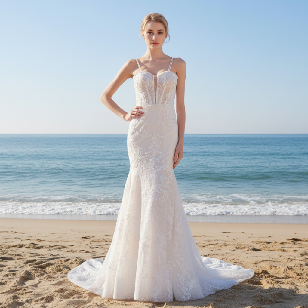 Fit and Flare Lace Wedding Dress with Double Spaghetti Straps Rosymae Fit and Flare Lace Wedding Dress with Double Spaghetti Straps Rosymae
