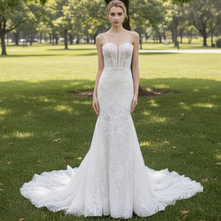 Fit and Flare Lace Wedding Dress with Double Spaghetti Straps