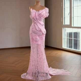 Pink Petal Mermaid Wedding Dress with Crystal-Outlined Sculptural & Illusion Mesh Train