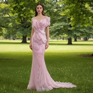 Pink Petal Mermaid Wedding Dress with Crystal-Outlined Sculptural & Illusion Mesh Train