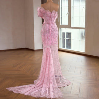 Pink Petal Mermaid Wedding Dress with Crystal-Outlined Sculptural & Illusion Mesh Train