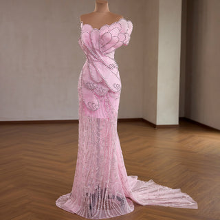Pink Petal Mermaid Wedding Dress with Crystal-Outlined Sculptural & Illusion Mesh Train