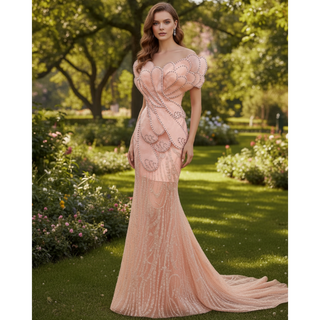 Pink Petal Mermaid Wedding Dress with Crystal-Outlined Sculptural & Illusion Mesh Train