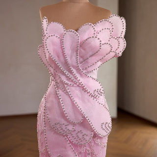 Pink Petal Mermaid Wedding Dress with Crystal-Outlined Sculptural & Illusion Mesh Train