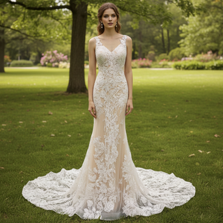 Deep V Neck Lace Mermaid Wedding Dress with Open Back and Chapel Train