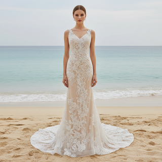 Deep V Neck Lace Mermaid Wedding Dress with Open Back and Chapel Train
