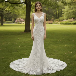 Deep V Neck Lace Mermaid Wedding Dress with Open Back and Chapel Train