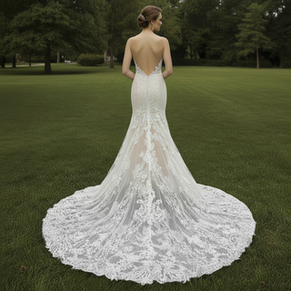 Deep V Neck Lace Mermaid Wedding Dress with Open Back and Chapel Train