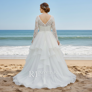 Long Sleeve V-neck Organza Plus Size Ball Gown Wedding Dress