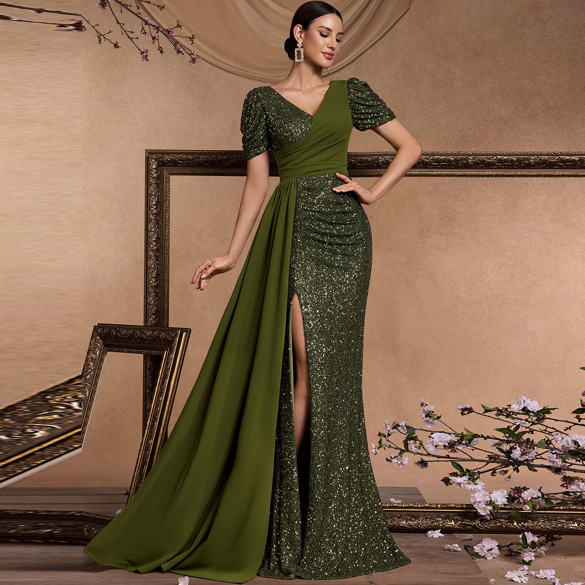 Dark Green Short Sleeve Vneck Sparkly Mermaid Prom Dresses with Leg Slit Dark Green / S Dark Green Short Sleeve Vneck Sparkly Mermaid Prom Dresses with Leg Slit Dark Green / S