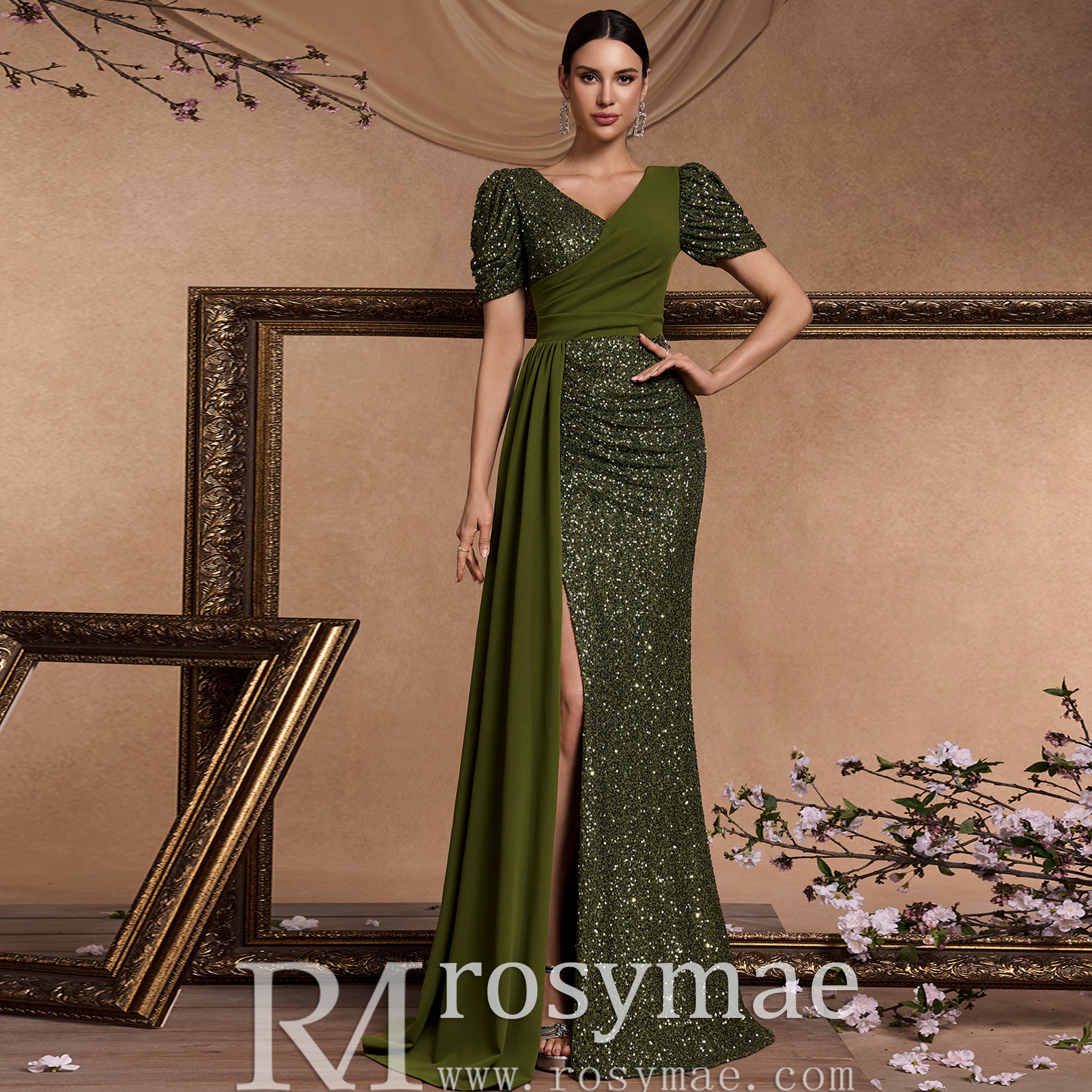 Dark Green Short Sleeve Vneck Sparkly Mermaid Prom Dresses with Leg Slit Dark Green / S Dark Green Short Sleeve Vneck Sparkly Mermaid Prom Dresses with Leg Slit Dark Green / S